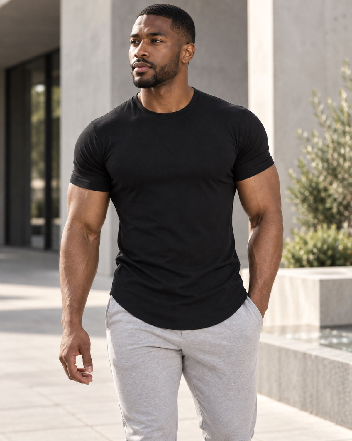 Sculpt Tee styled with light gray joggers outside the gym