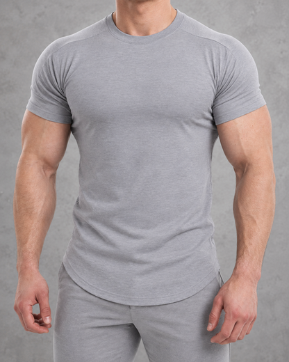 The Sweat District Sculpt Tee in Light Gray, fitted product view.