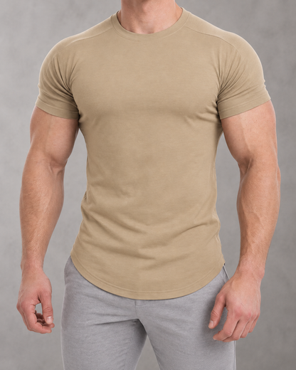 The Sweat District Sculpt Tee in Khaki, fitted product view.