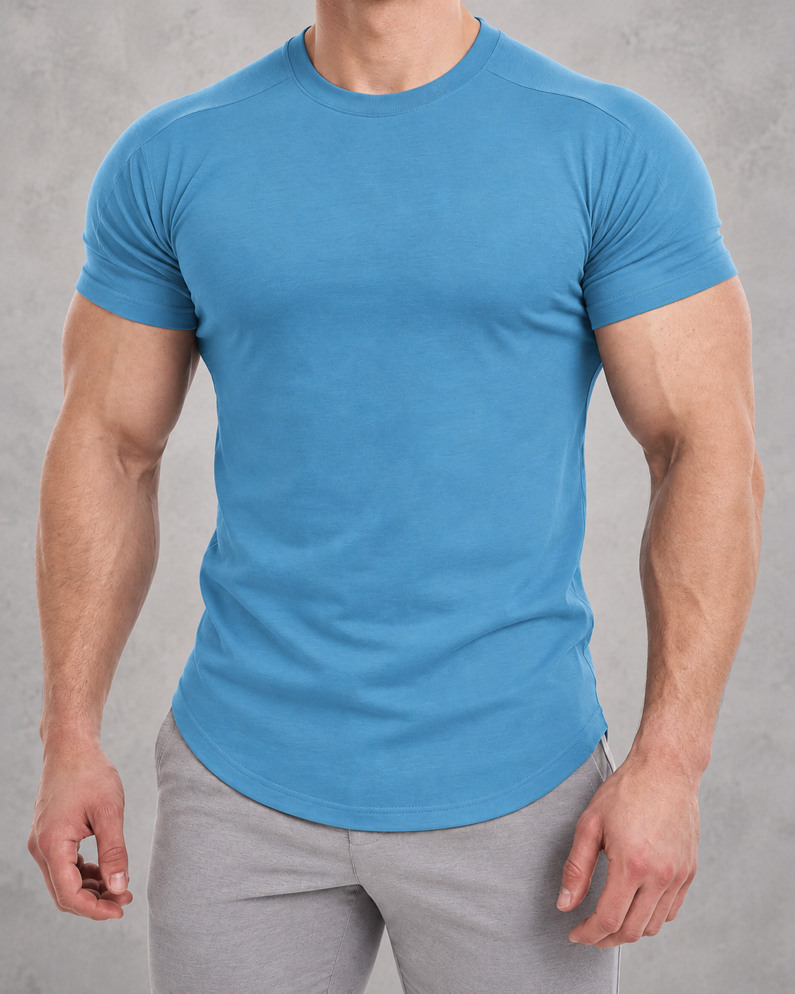 The Sweat District Sculpt Tee in Sky Blue, fitted product view.