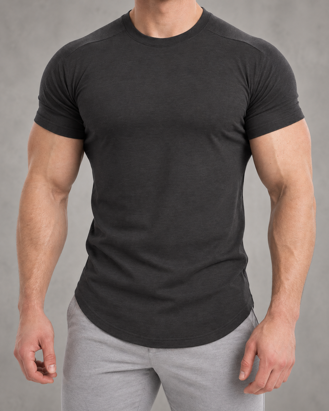 The Sweat District Sculpt Tee in Dark Gray, fitted product view.