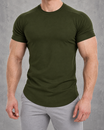 The Sweat District Sculpt Tee in Army Green, fitted product view.