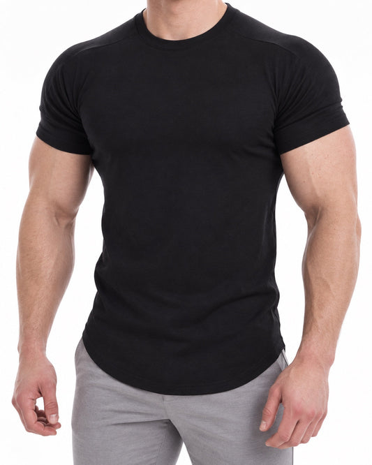 AI development visualization of the black Sculpt Tee on an athletic adult model; fitted sleeves, crew neckline and original garment construction.