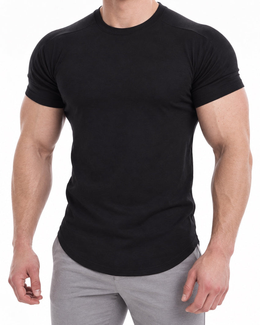 AI development visualization of the black Sculpt Tee on an athletic adult model; fitted sleeves, crew neckline and original garment construction.