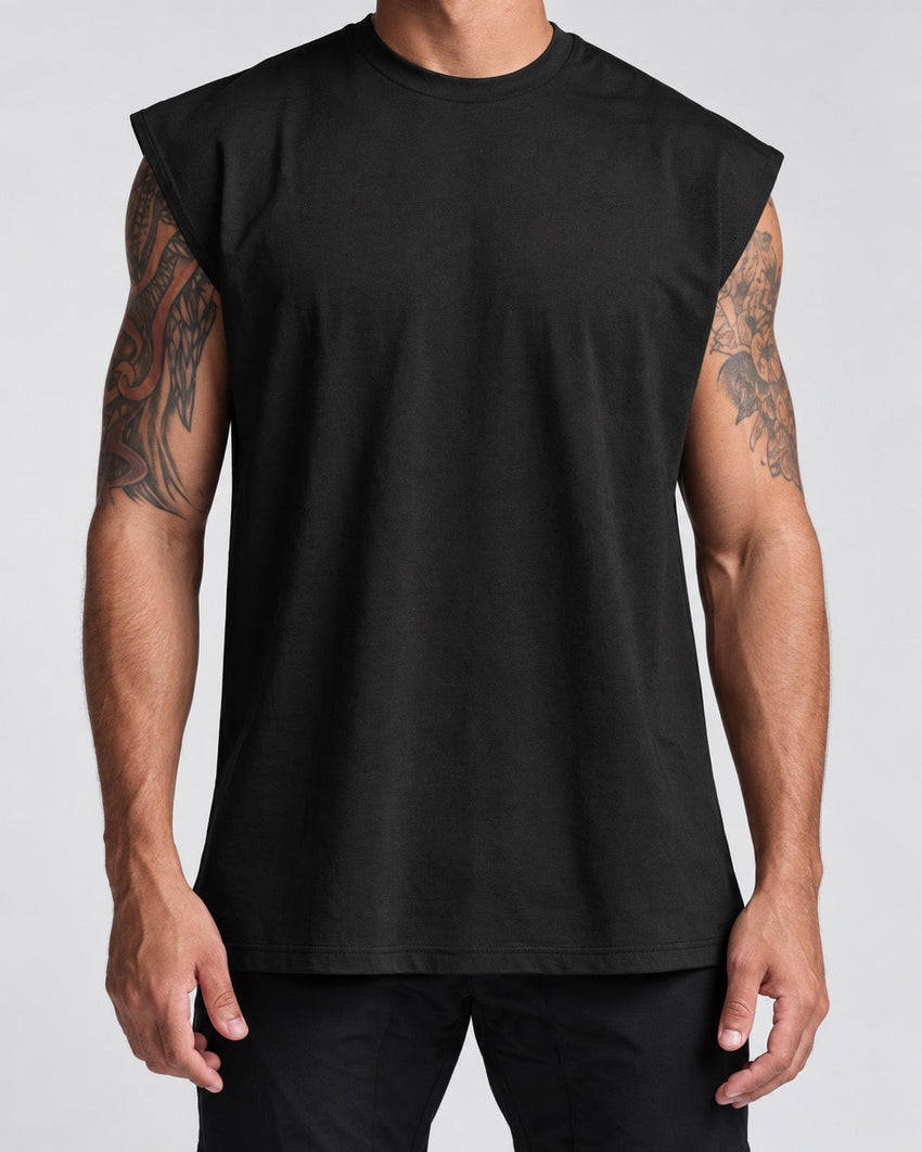 AI development concept of the black Cut-Off Tank with crew neckline and broad shoulder coverage. Final production details pending.