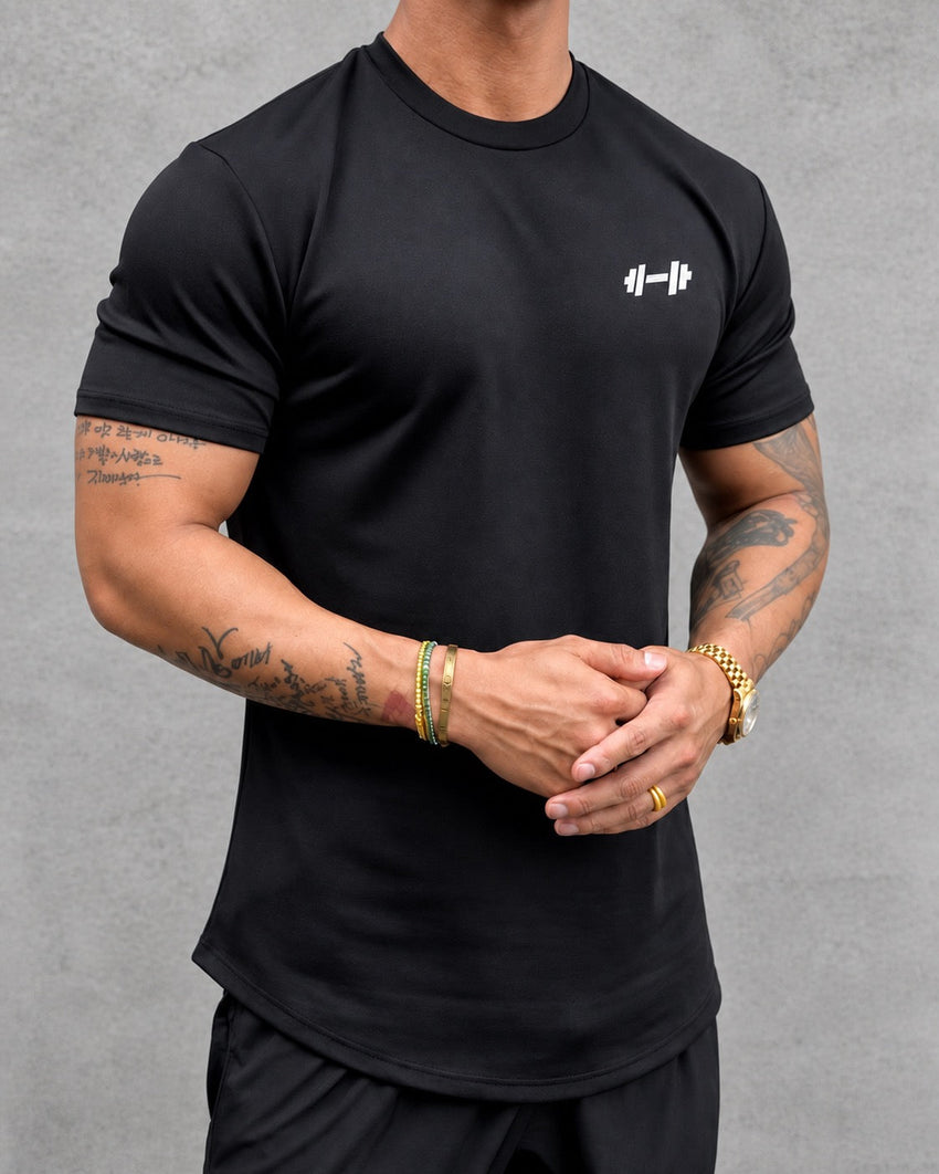 AI development visualization of the black Performance Tee: athletic crewneck, fitted sleeves and barbell chest mark.