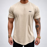 The Sweat District Performance Tee in khaki — AI development garment visualization