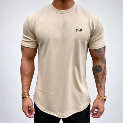 The Sweat District Performance Tee in khaki — AI development garment visualization
