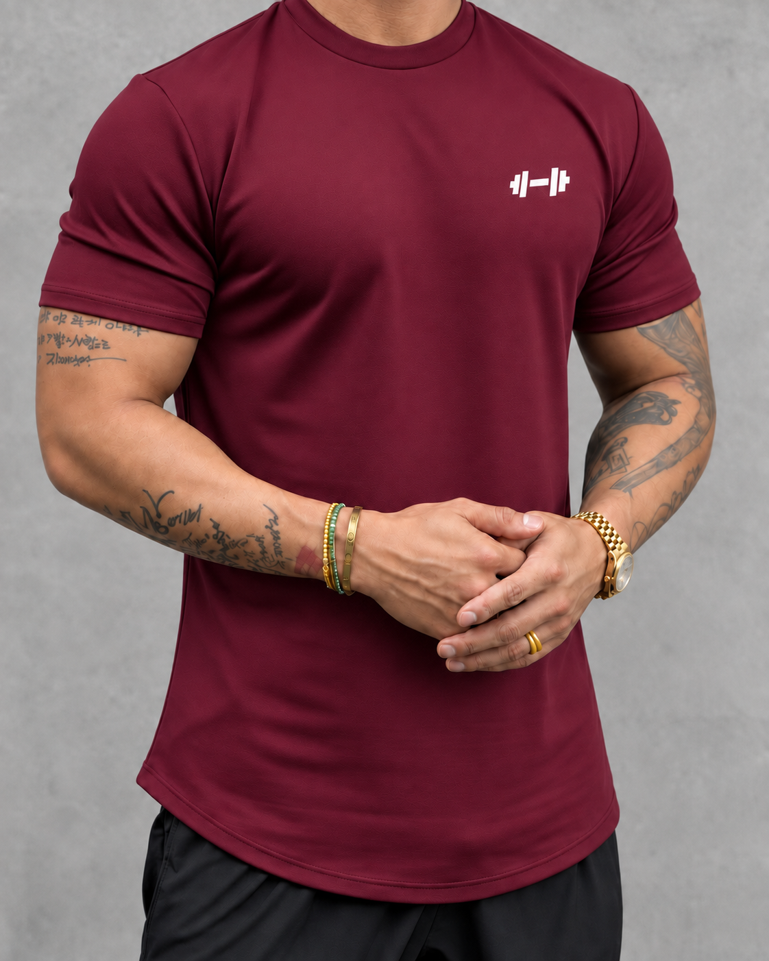 The Sweat District Form Muscle Tee in Burgundy, front fit view.
