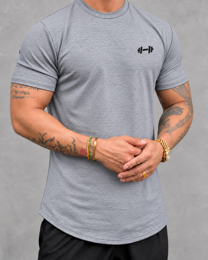 The Sweat District Form Muscle Tee in Heather Gray, front fit view.