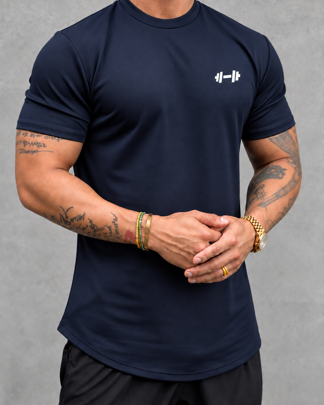 The Sweat District Form Muscle Tee in Navy, front fit view.