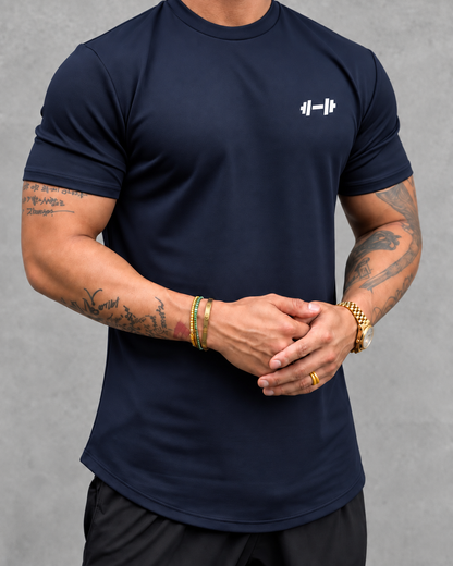 The Sweat District Form Muscle Tee in Navy, front fit view.