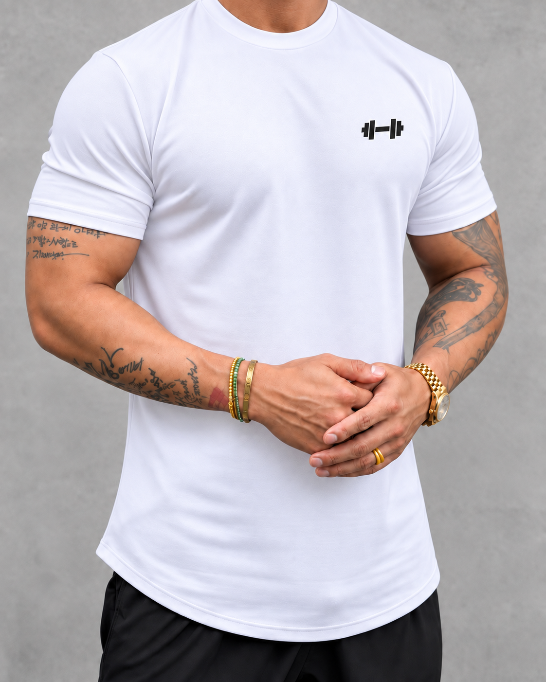 The Sweat District Form Muscle Tee in White, front fit view.