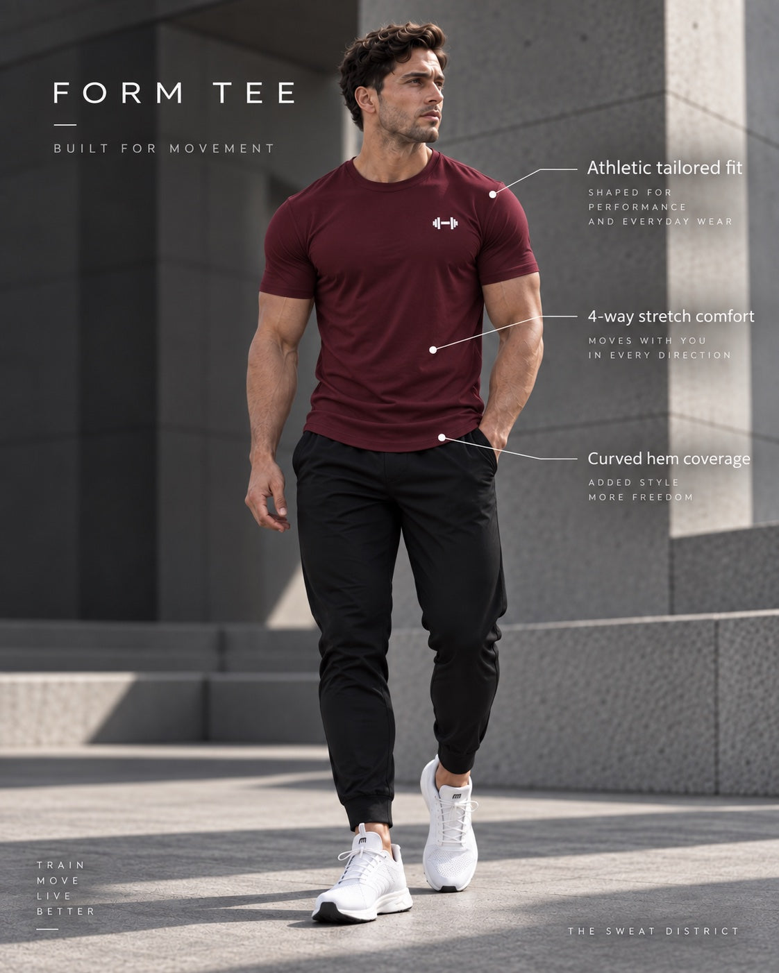 Form Muscle Tee in Burgundy. Athletic tailored fit, four-way stretch comfort and curved hem coverage.