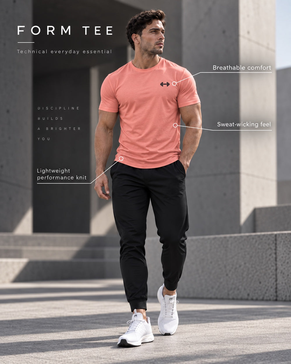 Form Muscle Tee in Coral. Breathable comfort, sweat-wicking feel and lightweight performance knit.