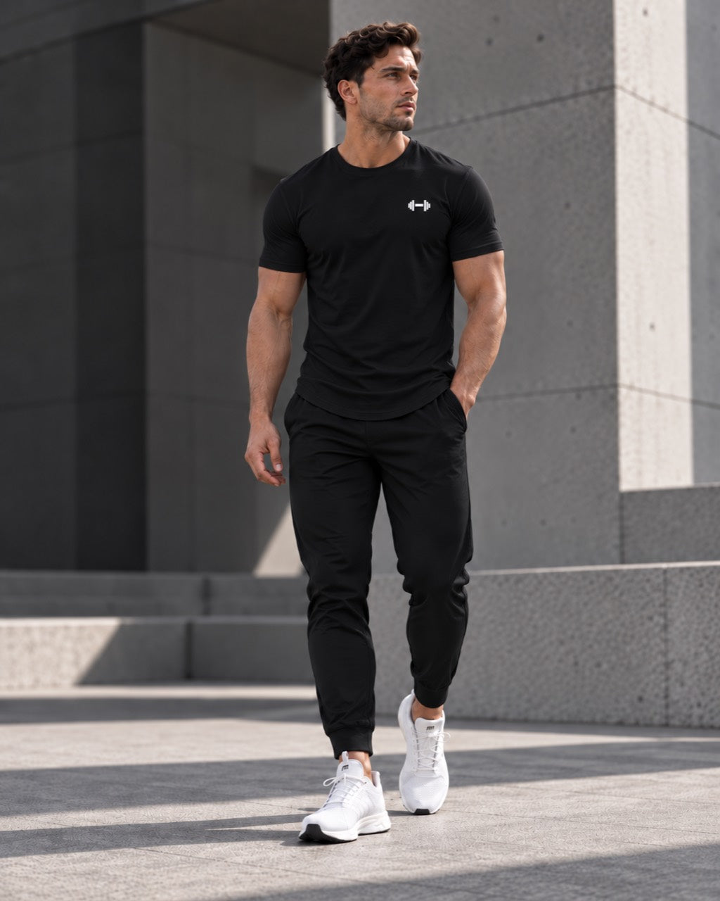 Black Form Muscle Tee, full-body walking view with black joggers and white sneakers.