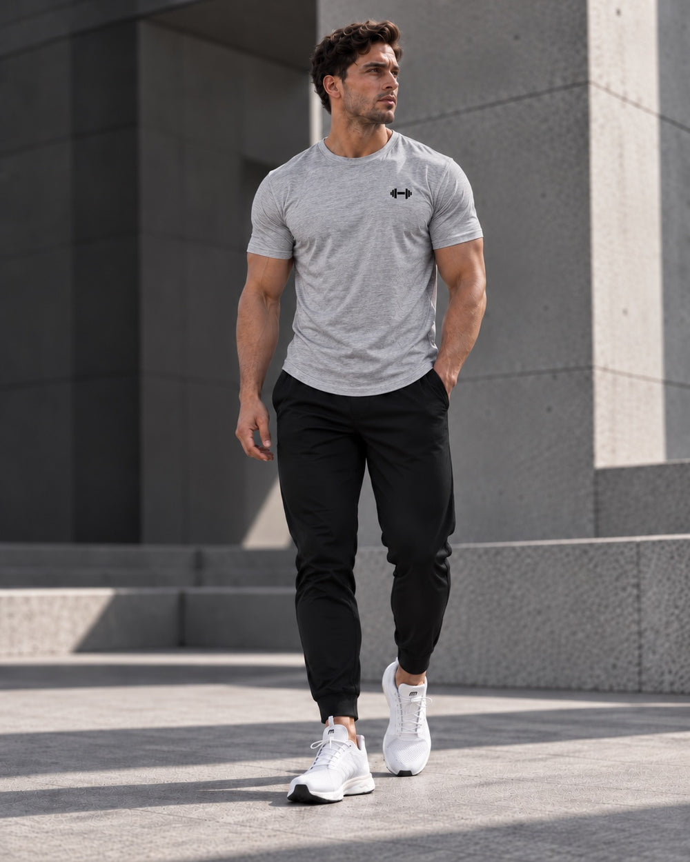 Form Muscle Tee in Heather Gray, full-body walking view showing the curved hem, black joggers and white sneakers.