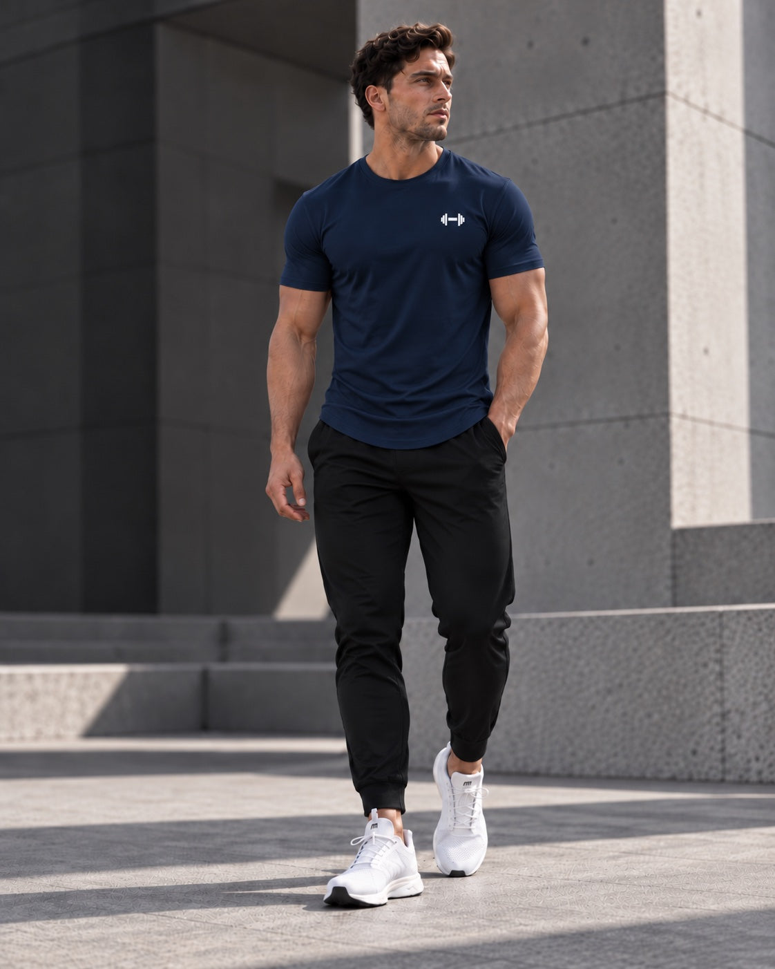 Form Muscle Tee in Navy, full-body walking view showing the curved hem, black joggers and white sneakers.