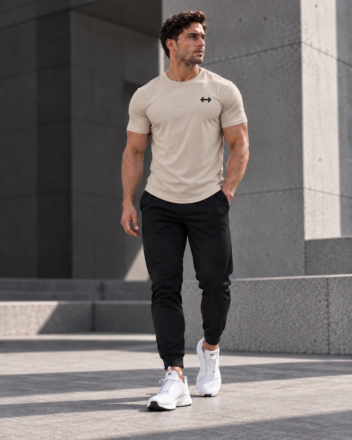 Form Muscle Tee in Stone / Sand, full-body walking view showing the curved hem, black joggers and white sneakers.
