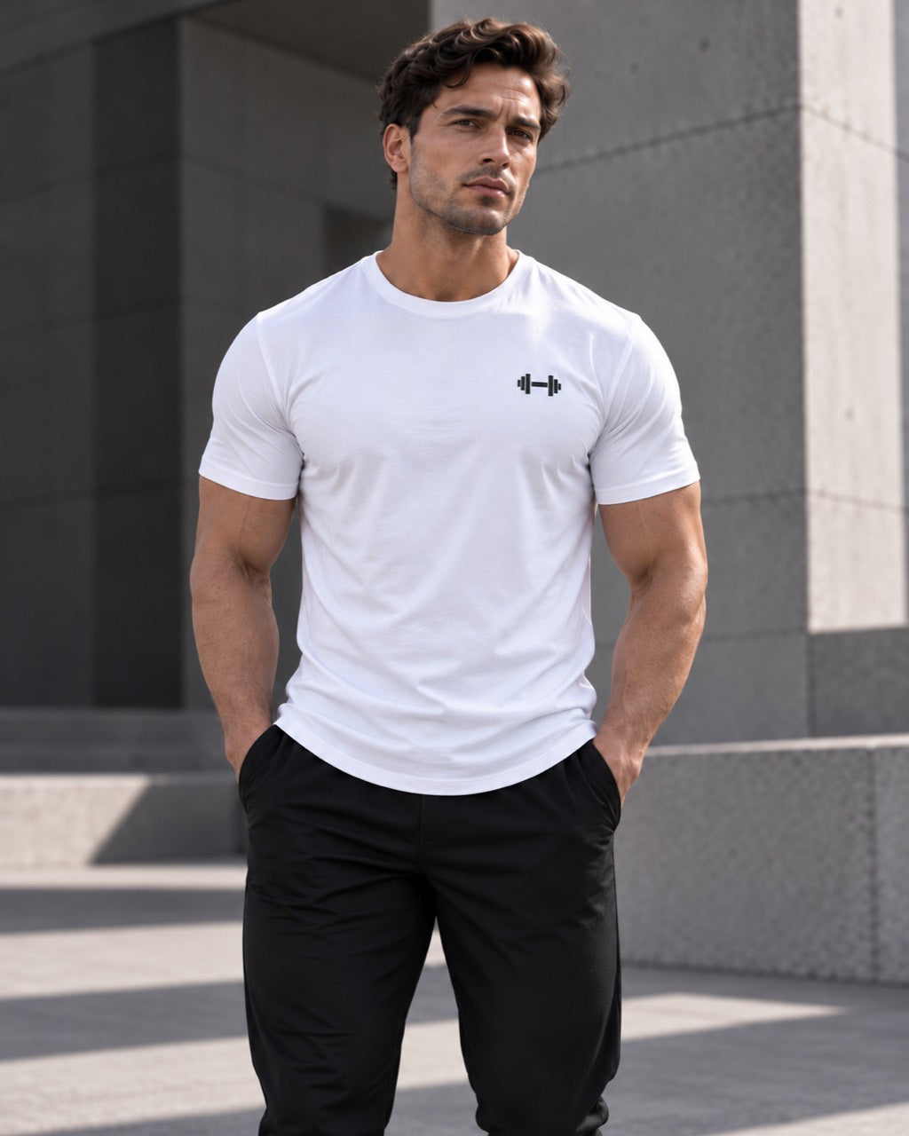 White Form Muscle Tee, front fit view showing the chest, sleeves and curved hem.