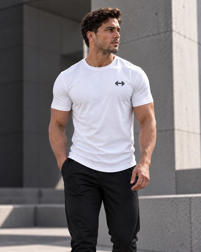 White Form Muscle Tee, alternate three-quarter view in a concrete urban setting.