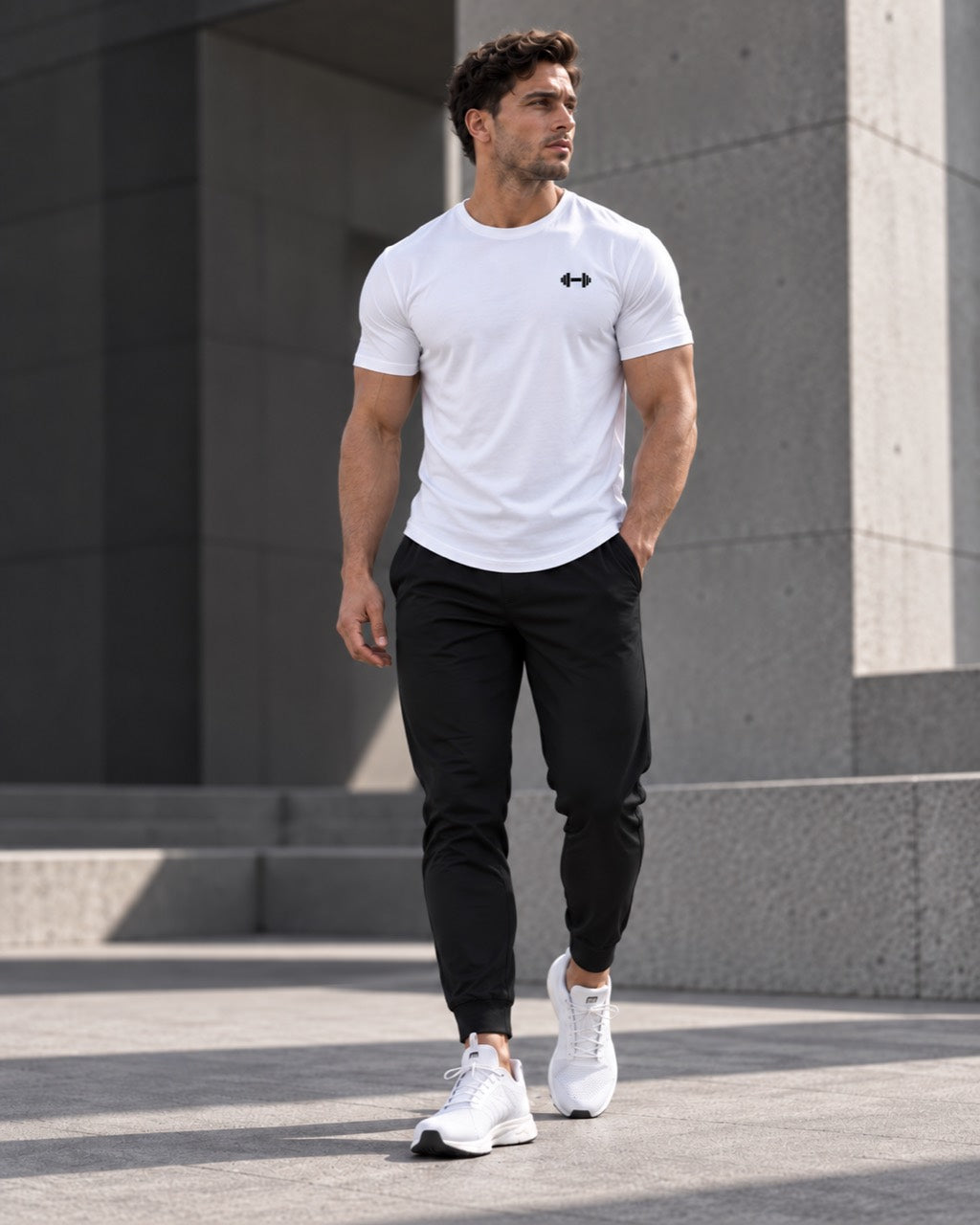 White Form Muscle Tee, full-body walking view with black joggers and white sneakers.