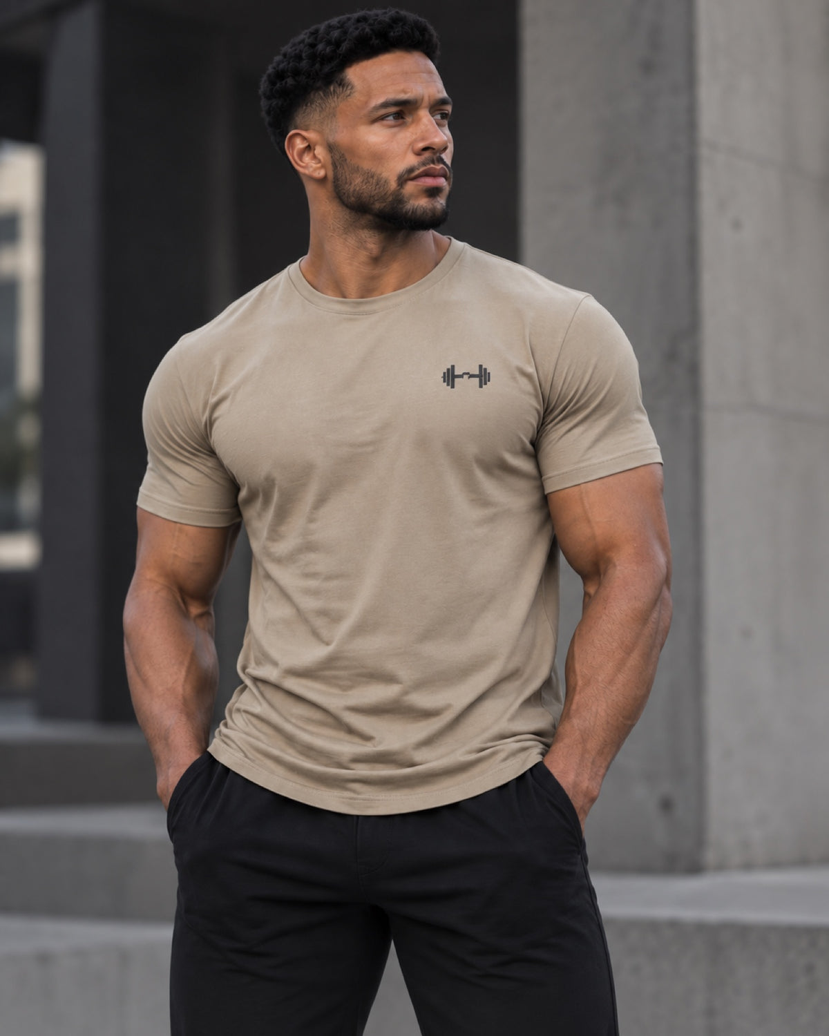 Form Tee in Stone Sand, front lifestyle view.