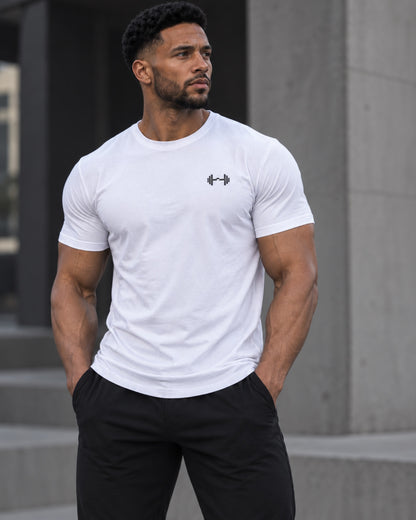 Form Tee in White, front lifestyle view.