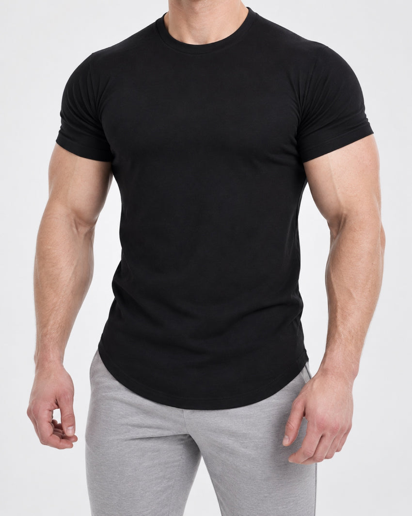 Sculpt Tee in Black, close studio view of the fitted upper body.