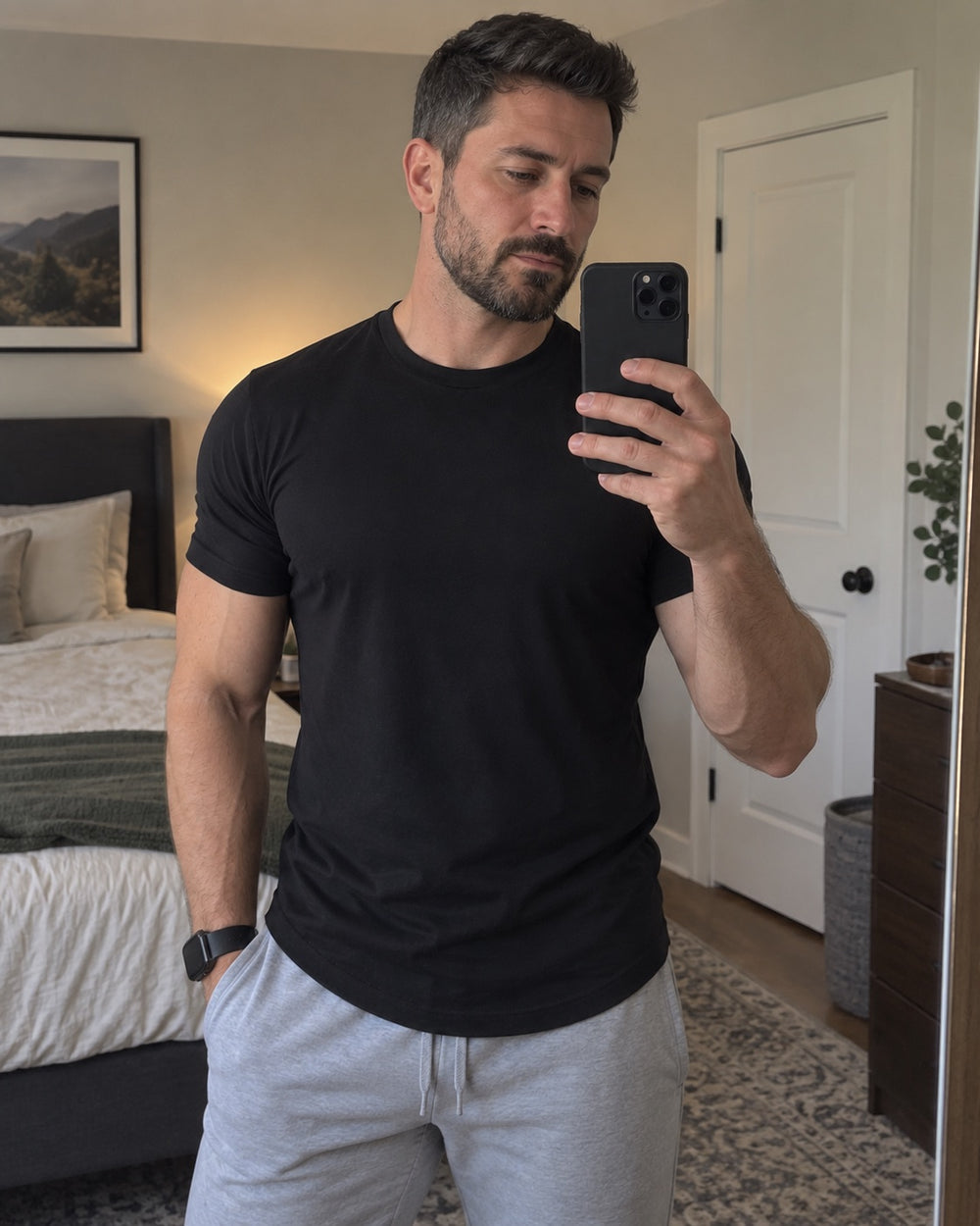 Black Sculpt Tee mirror portrait. The Sweat District styling image.
