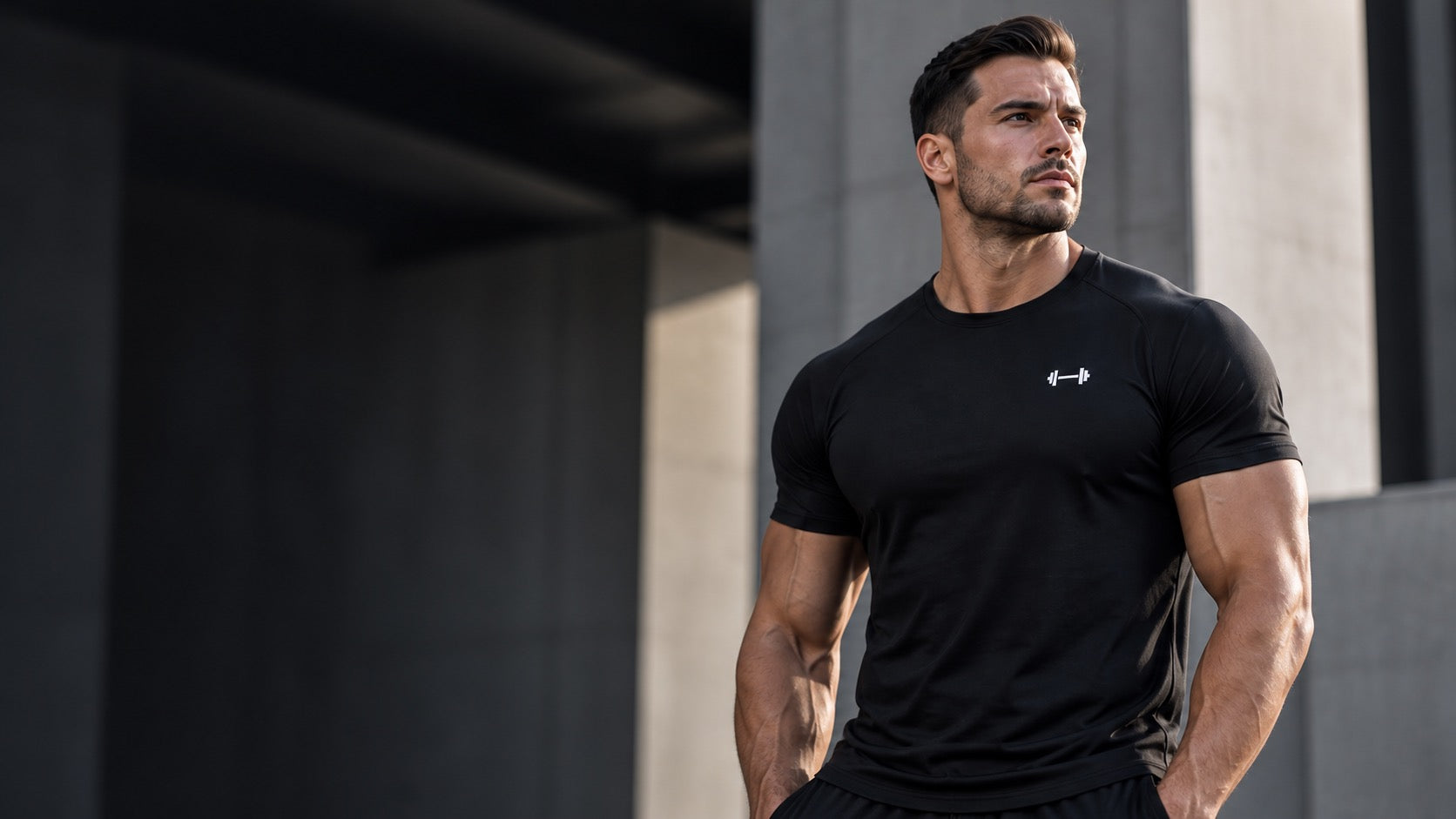 Rugged adult model in the black Performance Tee beside modern concrete architecture